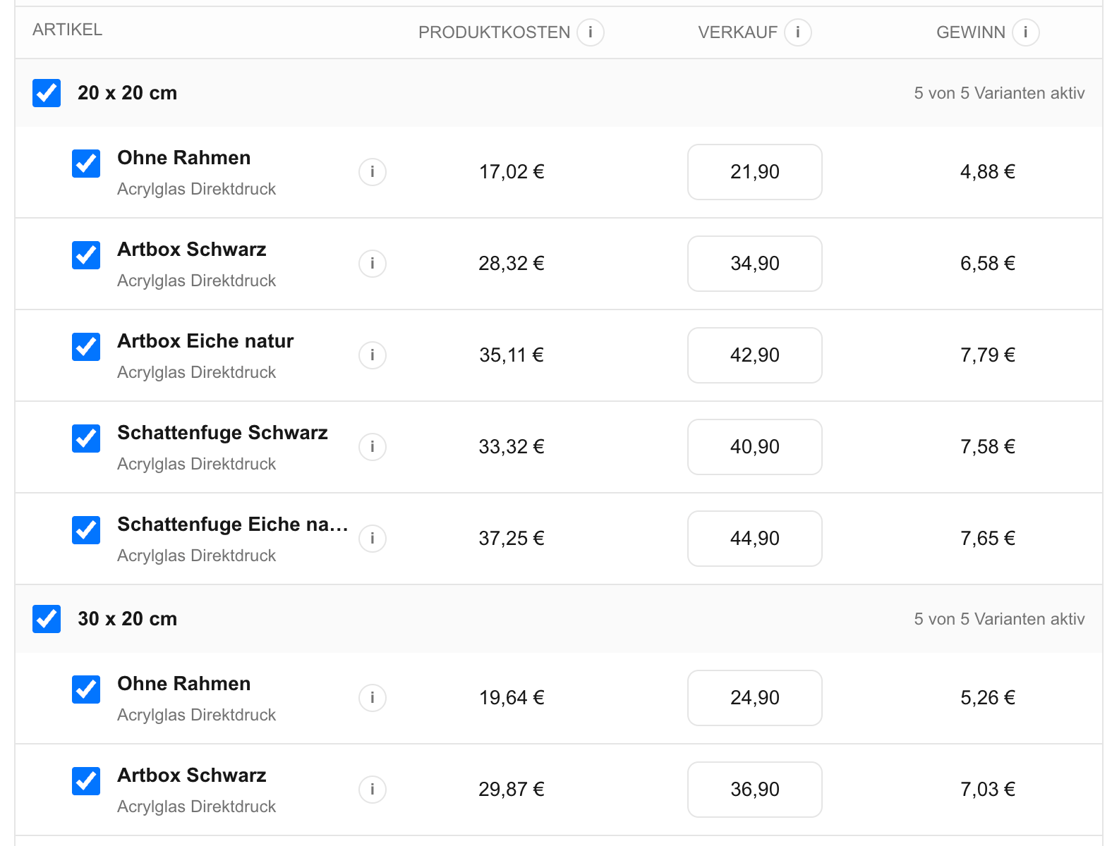 GalleryDock Printshop-Einstellungen mit Acrylglas-Varianten, Produktkosten, Verkaufspreisen und Gewinn