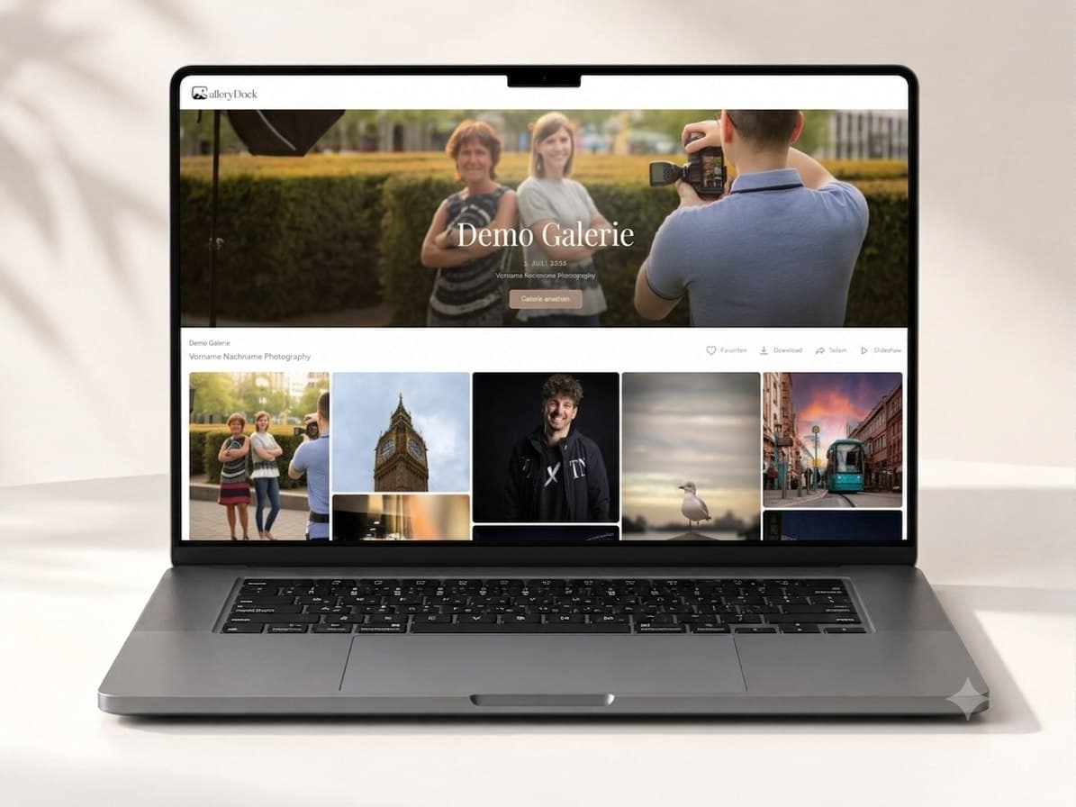 Demo-Galerie auf einem Laptop mit Favoriten und Download