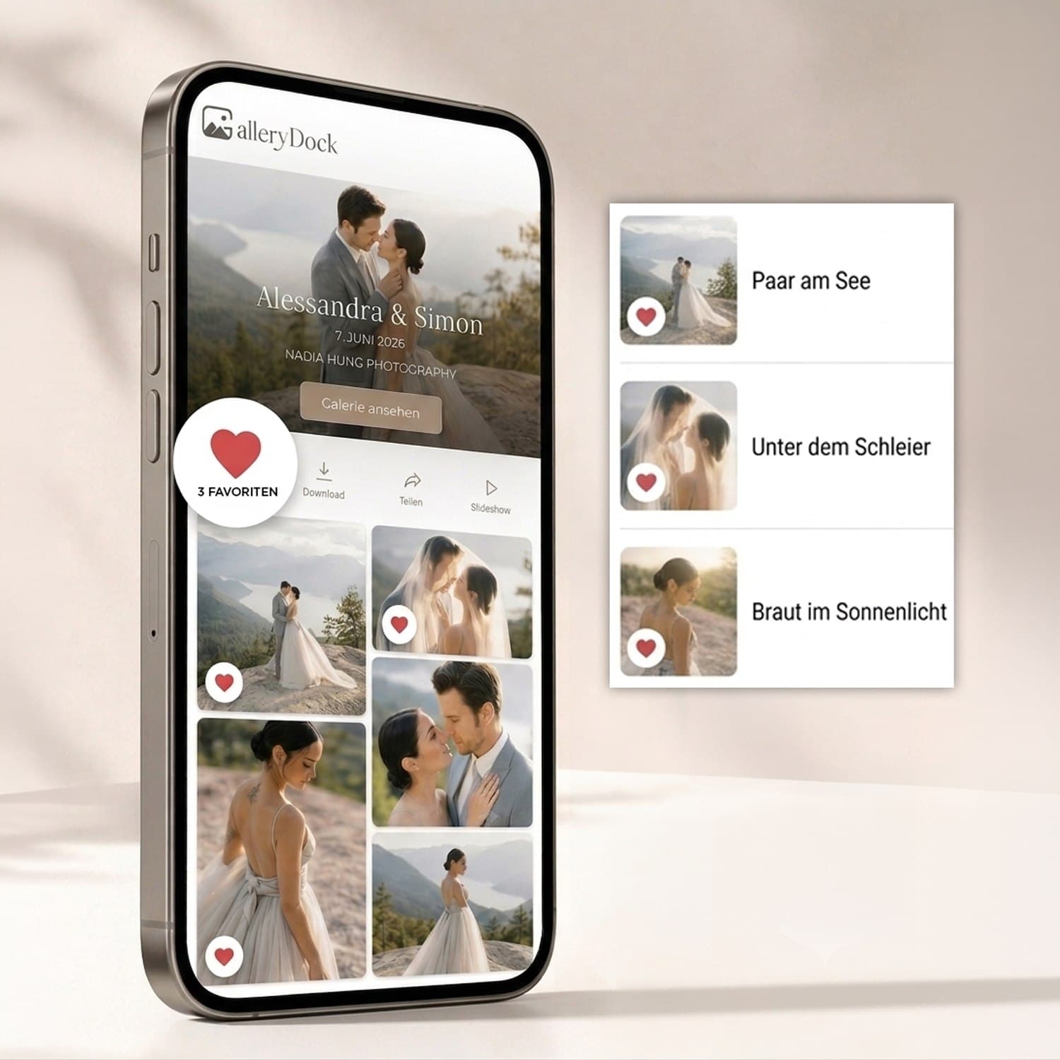 GALLERYDOCK Favoritenfunktion mit ausgewählten Lieblingsbildern in einer Kundengalerie