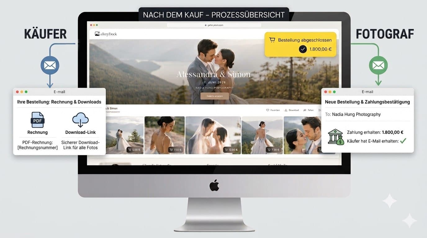 GALLERYDOCK Shop-Prozess mit Galerie, abgeschlossenem Kauf und automatischen E-Mails für Käufer und Fotograf