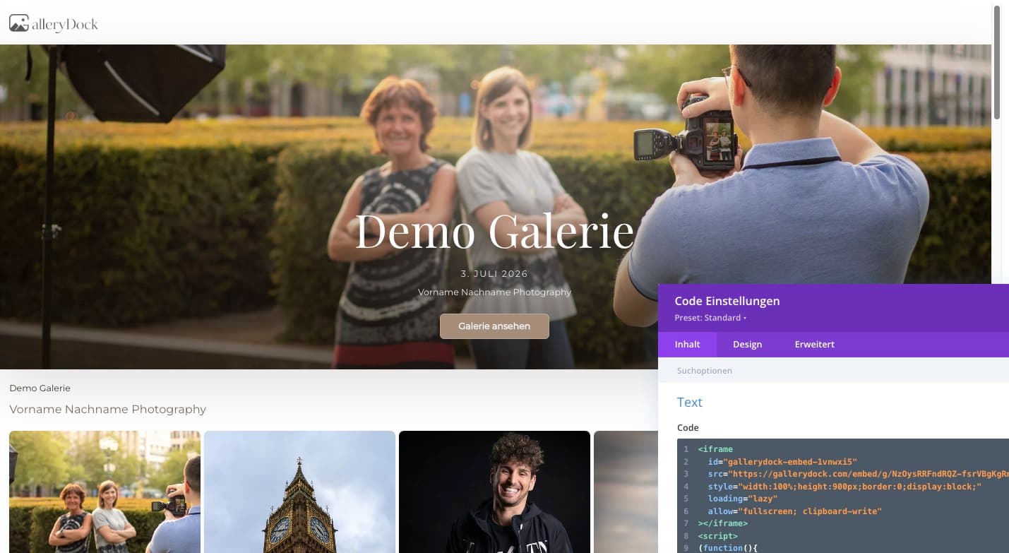 GalleryDock Demo-Galerie mit Einbettungscode für die eigene Webseite