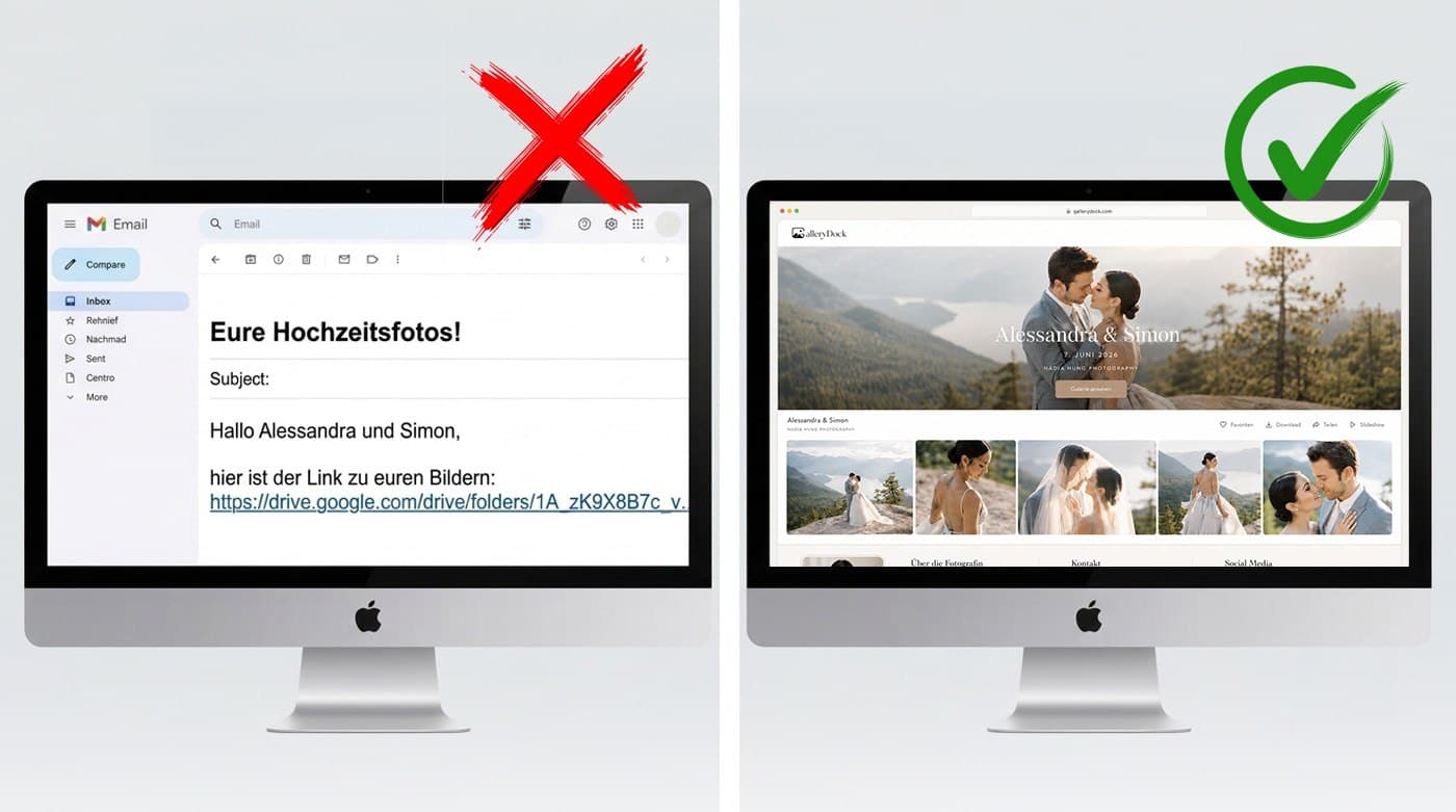 Vergleich zwischen einem einfachen Dateilink per E-Mail und einer professionellen GalleryDock Kundengalerie