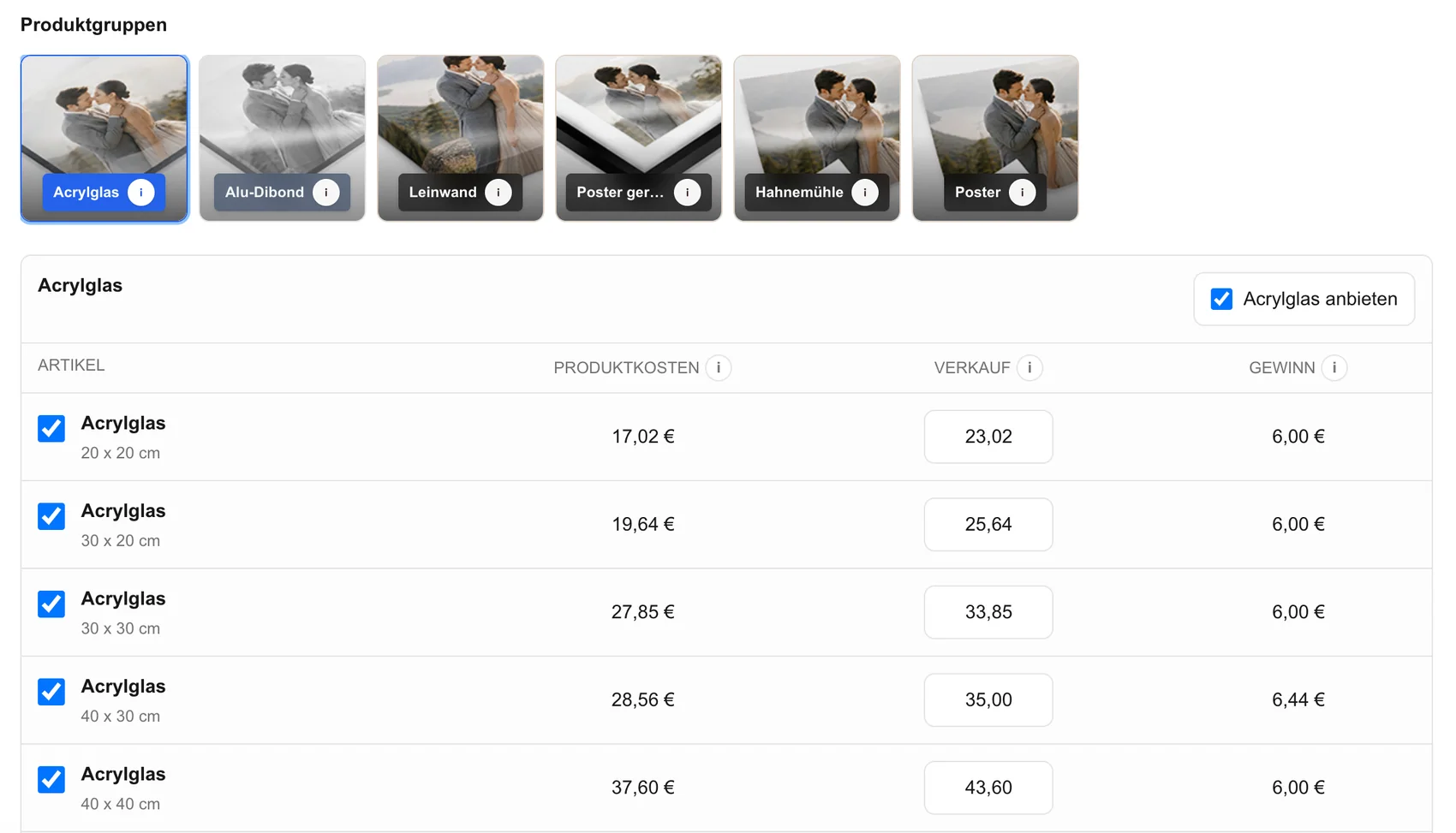 GalleryDock Printauswahl mit Produkten, Größen und Preisen im Shop