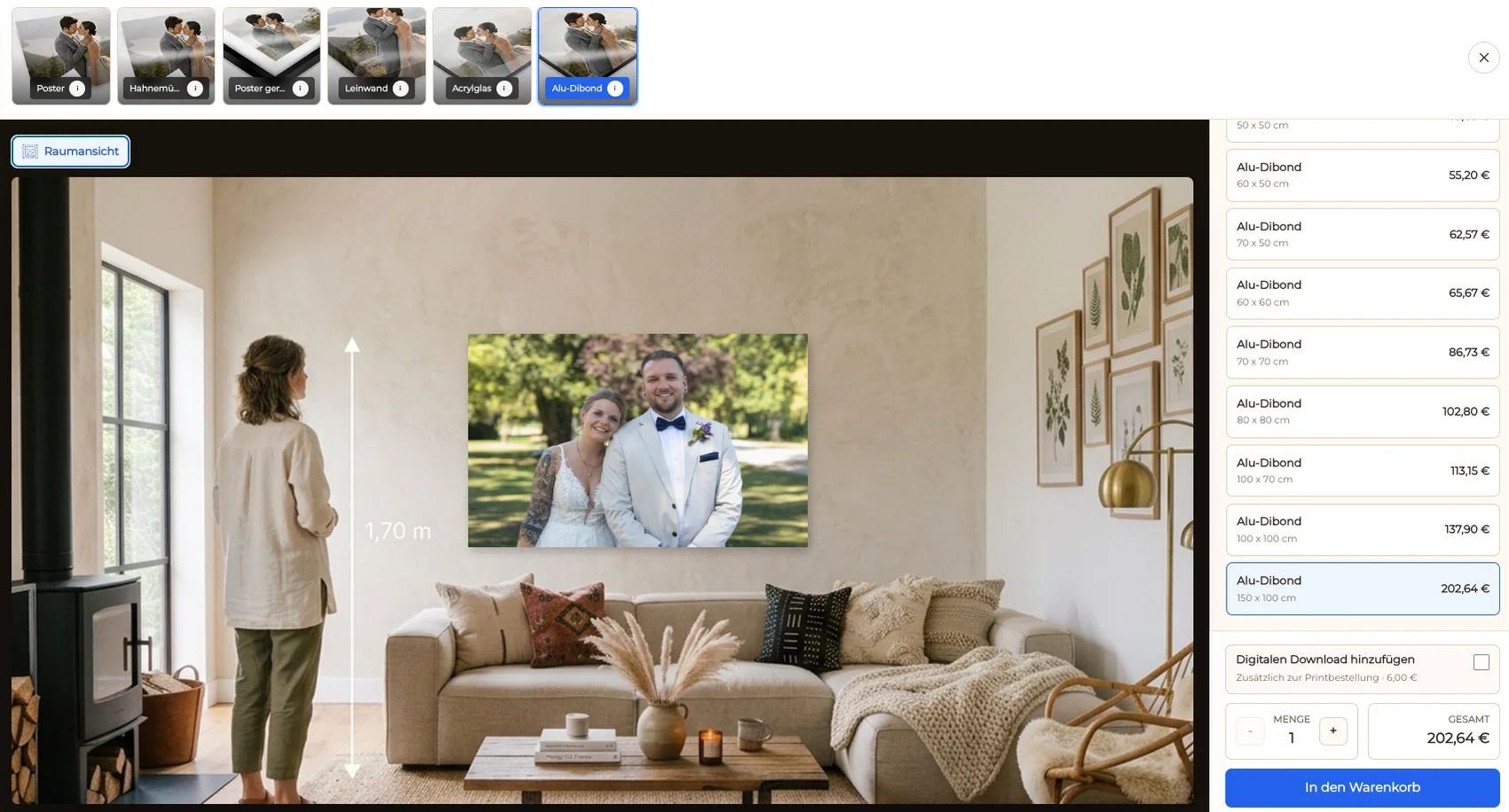 GalleryDock Raumansicht mit Größendarstellung für Wandbilder im Printshop